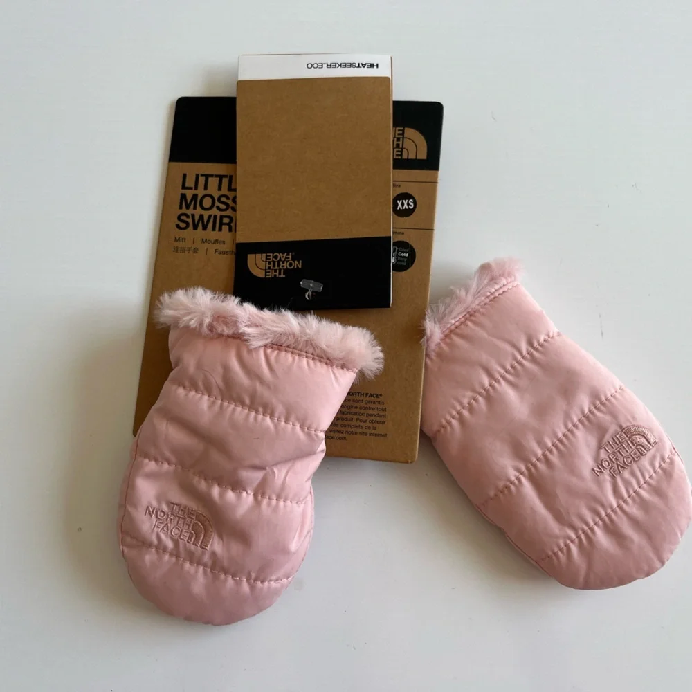 NWT The North Face Kids Pink Puffy Mittens with Faux-Fur Trim